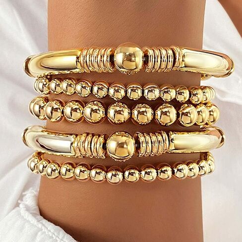 GORTIN أساور ذهبية قابلة للتمدد للنساء مجموعة أساور مطرزة قابلة للتكديس للنساء (J-Gold-5 PCS، حجم مجاني) in Kuwait