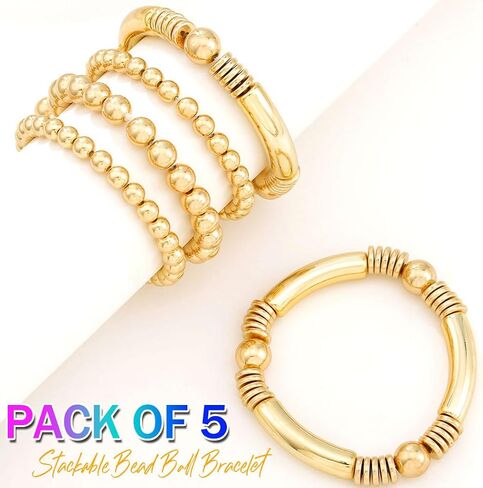 GORTIN أساور ذهبية قابلة للتمدد للنساء مجموعة أساور مطرزة قابلة للتكديس للنساء (J-Gold-5 PCS، حجم مجاني) in Kuwait