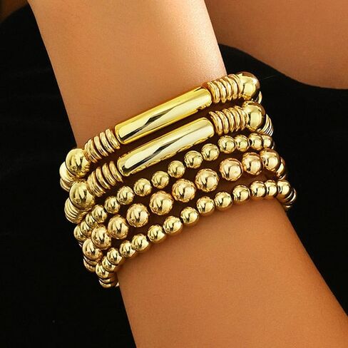 GORTIN أساور ذهبية قابلة للتمدد للنساء مجموعة أساور مطرزة قابلة للتكديس للنساء (J-Gold-5 PCS، حجم مجاني) in Kuwait