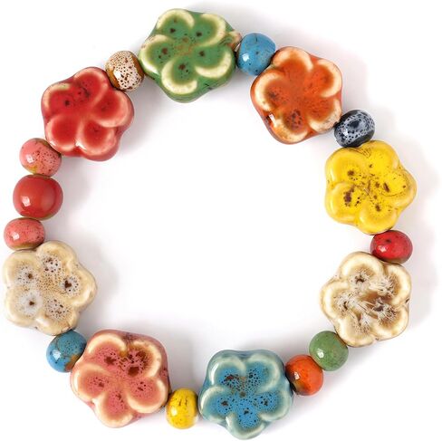 PLwelth Flower Ceramic Beaded Bracelet Bohemian Hippie Colorful Beaded Stretch Bracelets Handmade Boho Bracelet for Women Cute Floral Elastic Bracelets Trendy Jewelry Gifts for Birthday Christmas in Kuwait