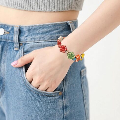 PLwelth Flower Ceramic Beaded Bracelet Bohemian Hippie Colorful Beaded Stretch Bracelets Handmade Boho Bracelet for Women Cute Floral Elastic Bracelets Trendy Jewelry Gifts for Birthday Christmas in Kuwait