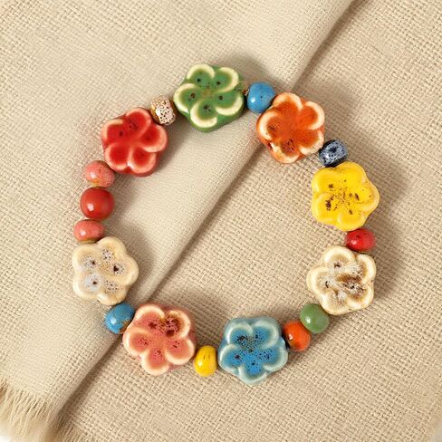 PLwelth Flower Ceramic Beaded Bracelet Bohemian Hippie Colorful Beaded Stretch Bracelets Handmade Boho Bracelet for Women Cute Floral Elastic Bracelets Trendy Jewelry Gifts for Birthday Christmas in Kuwait