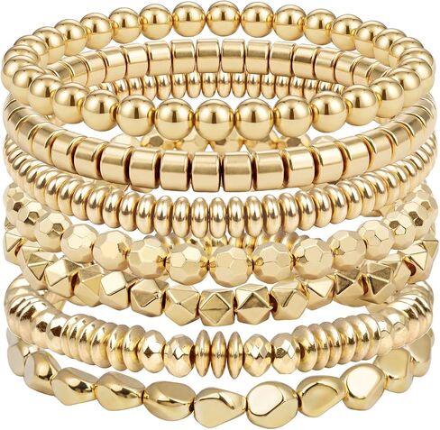Rbenxia 7 Pcs Gold Bracelets for Women Beaded Stretch Bracelets Stackable Layered Fake Jewelry for Wedding Party Costume in Kuwait