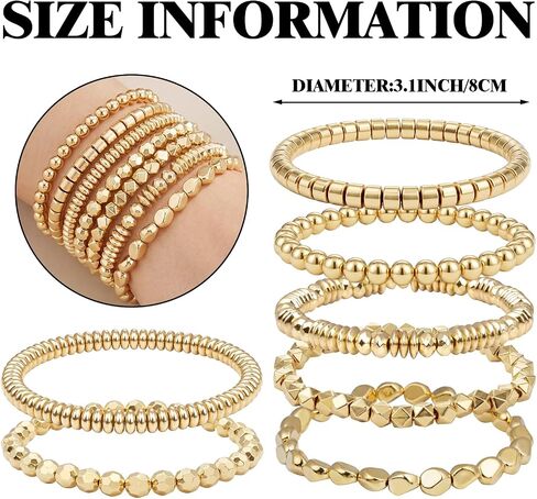 Rbenxia 7 Pcs Gold Bracelets for Women Beaded Stretch Bracelets Stackable Layered Fake Jewelry for Wedding Party Costume in Kuwait