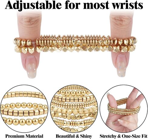 Rbenxia 7 Pcs Gold Bracelets for Women Beaded Stretch Bracelets Stackable Layered Fake Jewelry for Wedding Party Costume in Kuwait