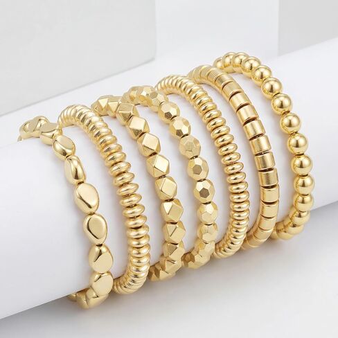 Rbenxia 7 Pcs Gold Bracelets for Women Beaded Stretch Bracelets Stackable Layered Fake Jewelry for Wedding Party Costume in Kuwait
