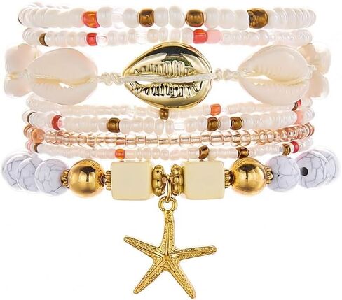 Caiyao 8Pcs Bohemia Multilayer Starfish Shell Stackable Bracelets Set Colorful Resin Clay Beaded Stretch Bracelets BFF Friendship Wristbands Bangle for Women Summer Beach Holiday Vacation Jewelry in Kuwait