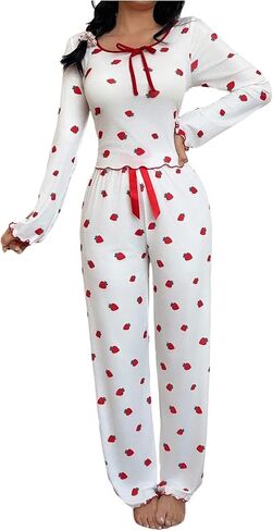 SHENHE Women's 2 Piece Pajama Set Long Sleeve Bow Top and Pants Strawberry Pjs Sleep Lounge Set in Kuwait