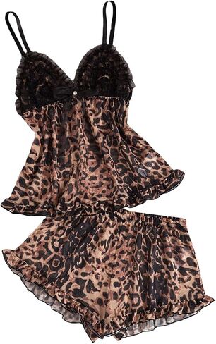 Women's Leopard Print 2 Pieces PJ Set Floral Lace Cami And Shorts Pajama Set in Saudi Arabia