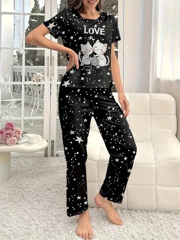 Women’s Pajamas Set Long Sleeve Button Down Pjs Sets 2 Piece Loungewear Cartoon Sleepwear Soft Sleepwear for Home in Kuwait