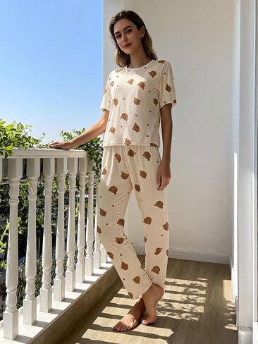 Women’s Pajamas Set Long Sleeve Button Down Pjs Sets 2 Piece Loungewear Cartoon Sleepwear Soft Sleepwear for Home in Kuwait