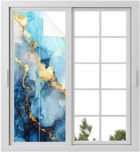 Window Privacy Film Frosted, Teal Blue Golden Marble Static Cling Door Window Covering, Abstract Modern Marble Crack UV Blocking Windows Film for Office, Hotel, Bedroom, 29.5 x 78.7 Inches in Saudi Arabia