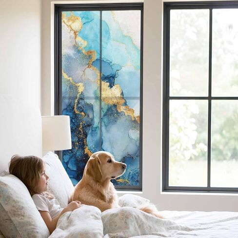 Window Privacy Film Frosted, Teal Blue Golden Marble Static Cling Door Window Covering, Abstract Modern Marble Crack UV Blocking Windows Film for Office, Hotel, Bedroom, 29.5 x 78.7 Inches in Saudi Arabia