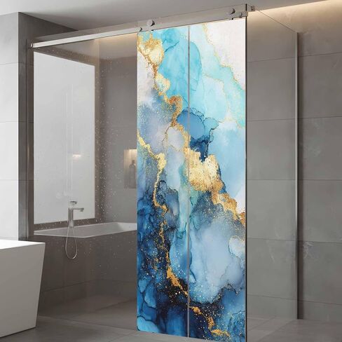 Window Privacy Film Frosted, Teal Blue Golden Marble Static Cling Door Window Covering, Abstract Modern Marble Crack UV Blocking Windows Film for Office, Hotel, Bedroom, 29.5 x 78.7 Inches in Saudi Arabia