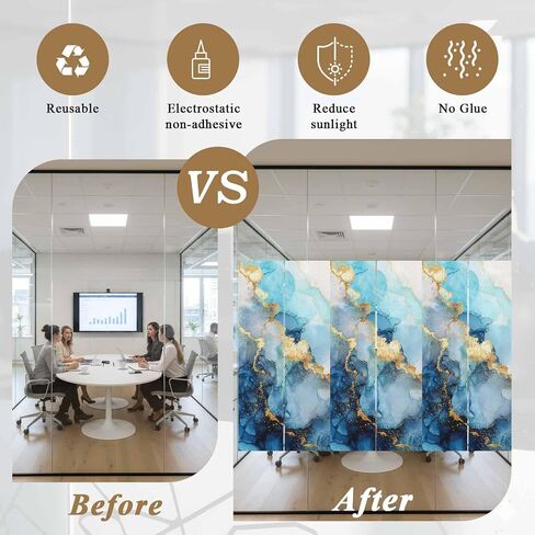 Window Privacy Film Frosted, Teal Blue Golden Marble Static Cling Door Window Covering, Abstract Modern Marble Crack UV Blocking Windows Film for Office, Hotel, Bedroom, 29.5 x 78.7 Inches in Saudi Arabia