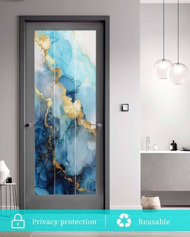 Window Privacy Film Frosted, Teal Blue Golden Marble Static Cling Door Window Covering, Abstract Modern Marble Crack UV Blocking Windows Film for Office, Hotel, Bedroom, 29.5 x 78.7 Inches in Saudi Arabia