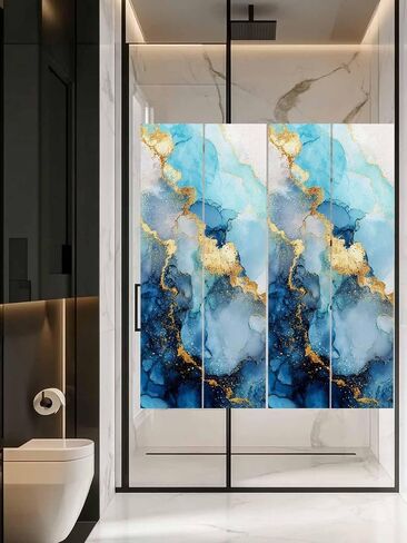 Window Privacy Film Frosted, Teal Blue Golden Marble Static Cling Door Window Covering, Abstract Modern Marble Crack UV Blocking Windows Film for Office, Hotel, Bedroom, 29.5 x 78.7 Inches in Saudi Arabia
