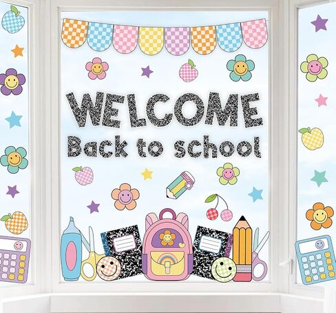 Whaline 6 Sheets Welcome Back to School Window Clings Smile Face Composition Notebook Window Decal Colorful Pastel Reusable Anti-Collision Glass Sticker for First Day of School Classroom Decor in Kuwait