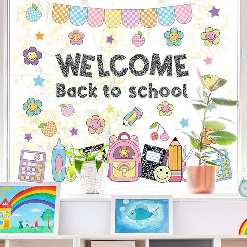 Whaline 6 Sheets Welcome Back to School Window Clings Smile Face Composition Notebook Window Decal Colorful Pastel Reusable Anti-Collision Glass Sticker for First Day of School Classroom Decor in Kuwait