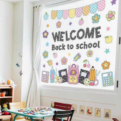 Whaline 6 Sheets Welcome Back to School Window Clings Smile Face Composition Notebook Window Decal Colorful Pastel Reusable Anti-Collision Glass Sticker for First Day of School Classroom Decor in Kuwait