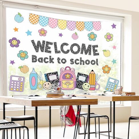 Whaline 6 Sheets Welcome Back to School Window Clings Smile Face Composition Notebook Window Decal Colorful Pastel Reusable Anti-Collision Glass Sticker for First Day of School Classroom Decor in Kuwait