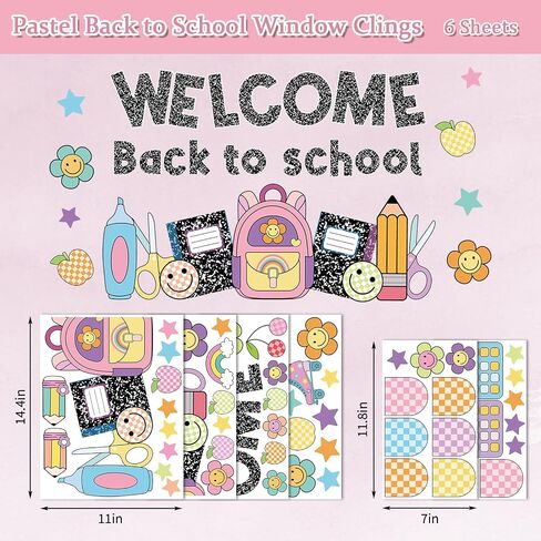 Whaline 6 Sheets Welcome Back to School Window Clings Smile Face Composition Notebook Window Decal Colorful Pastel Reusable Anti-Collision Glass Sticker for First Day of School Classroom Decor in Kuwait