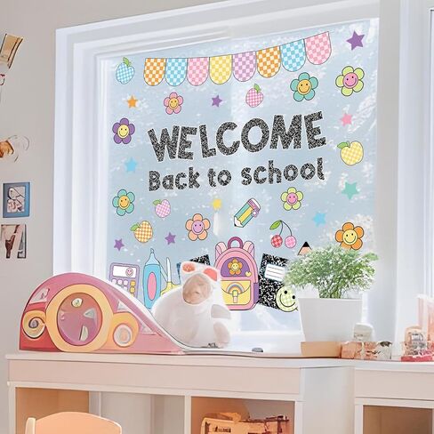 Whaline 6 Sheets Welcome Back to School Window Clings Smile Face Composition Notebook Window Decal Colorful Pastel Reusable Anti-Collision Glass Sticker for First Day of School Classroom Decor in Kuwait