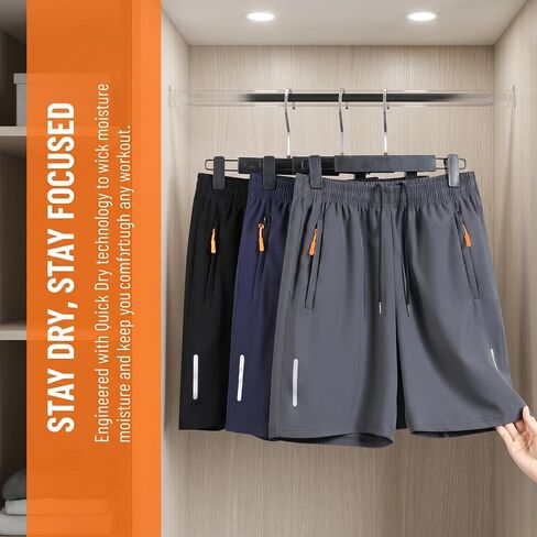 3Pack Men's Summer Stylish Sports Dual Zipper Design Quick-Dry Premium Ice-Silk Breathable Athletic Lightweight Stretch Fabric Elastic Waistband Fitness Running Beach Shorts Multicolor-3XL in Kuwait