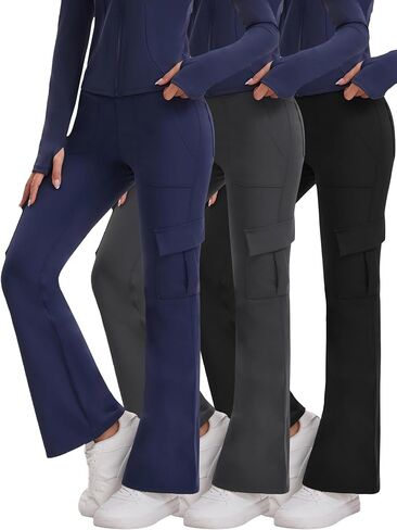 3 Pcs Women Workout Flare Leggings with 6 Pockets Soft High Waisted Tummy Control Cargo Yoga Pants for Gym in Saudi Arabia