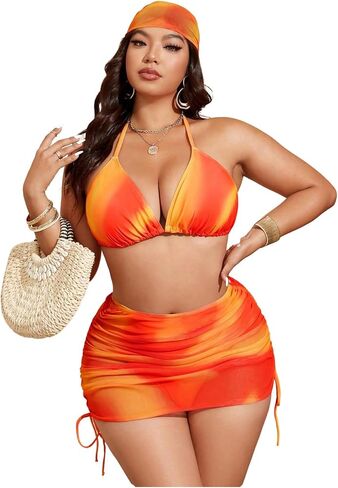 MakeMeChic Women's Plus Size 4 Piece Swimsuit Tie Dye Halter Bikini Set with Ruched Mesh Skirt and Headband in Kuwait