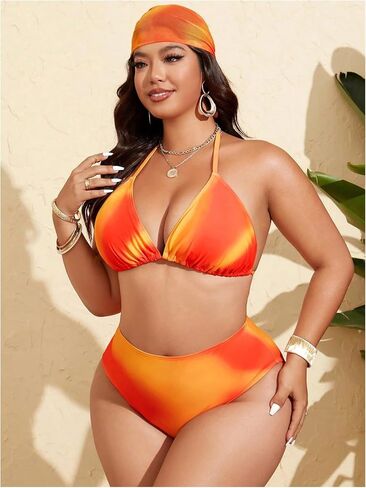 MakeMeChic Women's Plus Size 4 Piece Swimsuit Tie Dye Halter Bikini Set with Ruched Mesh Skirt and Headband in Kuwait