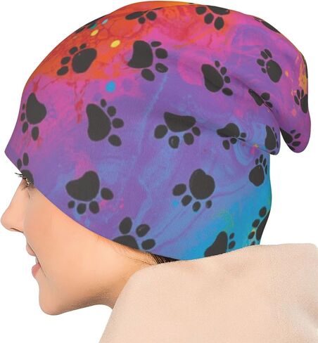 Colorful Dog Paw Print Beanie Chemo Hat Cancer Headwear Knitted Hats Baggy Slouchy Scarf Cap for Adults Women Men in Kuwait