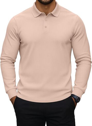 KUYIGO Mens Collared Polo Shirts Long Sleeve Button Textured Tops Loose Fit Casual Fashion Stretchy Golf T-Shirt in Saudi Arabia