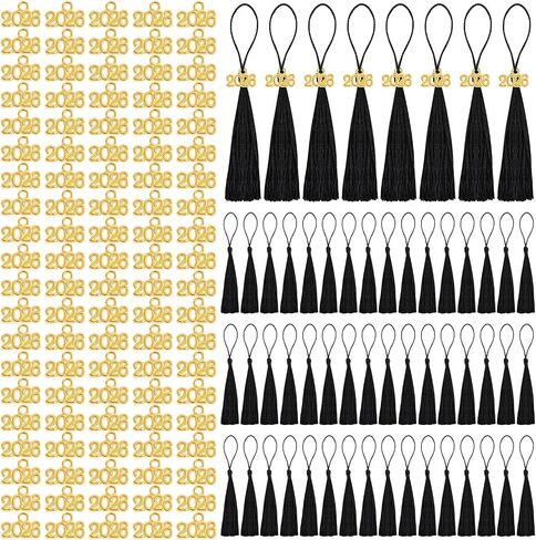 شرابات التخرج المصغرة ، 100pcs التخرج الأكاديمي قبعة Hat Tassel مع 2025 سحر ذهبي للحرف مرجعية حريرية صغيرة لحافلة مفاتيح Cap -Cap -keychain DIY (أسود) in Kuwait