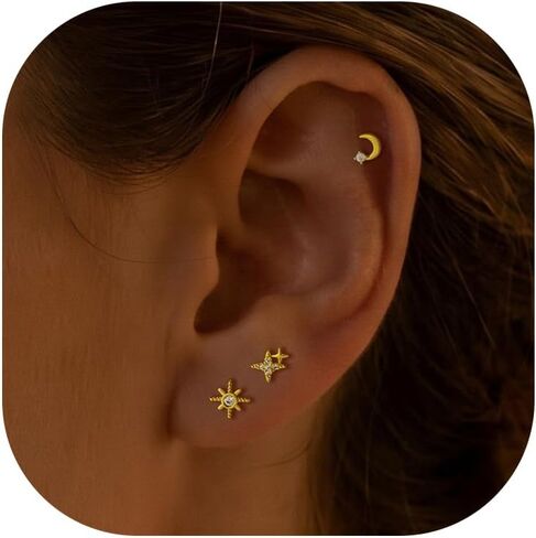 3Pairs 20G Flat Back Earrings for Women Hypoallergenic, 14K Gold Plated Small Flat Back Stud Earrings Cartilage Helix Gold Jewelry in Kuwait