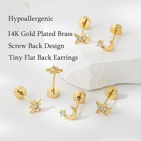 3Pairs 20G Flat Back Earrings for Women Hypoallergenic, 14K Gold Plated Small Flat Back Stud Earrings Cartilage Helix Gold Jewelry in Kuwait