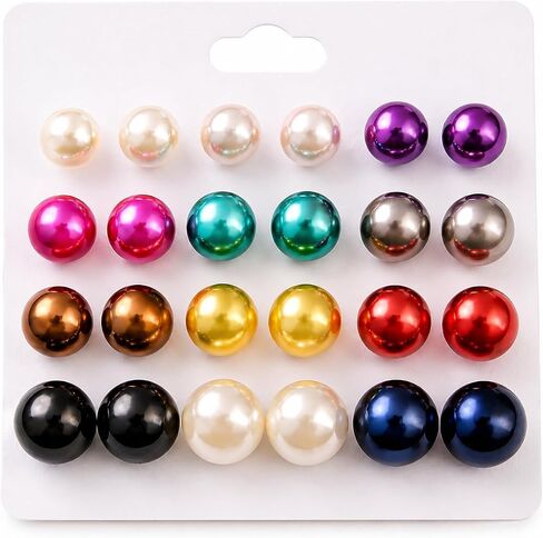 Colorful Pearl Stud Earrings Set for Women – Mixed Sizes 6mm, 8mm & 10mm – Glossy Round Faux Pearl Earrings, Multi-Color Pack, Lightweight Everyday Fashion Jewelry in Kuwait