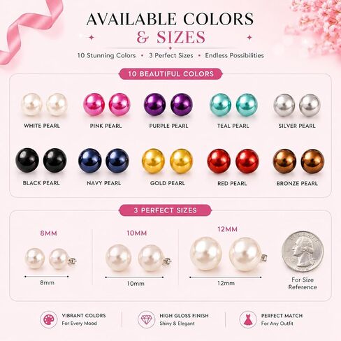 Colorful Pearl Stud Earrings Set for Women – Mixed Sizes 6mm, 8mm & 10mm – Glossy Round Faux Pearl Earrings, Multi-Color Pack, Lightweight Everyday Fashion Jewelry in Kuwait
