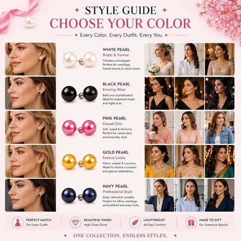 Colorful Pearl Stud Earrings Set for Women – Mixed Sizes 6mm, 8mm & 10mm – Glossy Round Faux Pearl Earrings, Multi-Color Pack, Lightweight Everyday Fashion Jewelry in Kuwait