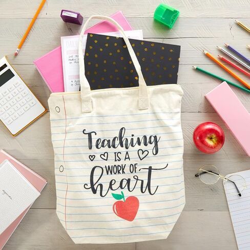 Sparkle and Bash Canvas Tote Bag - 14.5 x 15 x 6 In, Beige - Teacher Appreciation Tote Bag Teaching Is a Work of Heart Design for Teacher Supplies in Kuwait