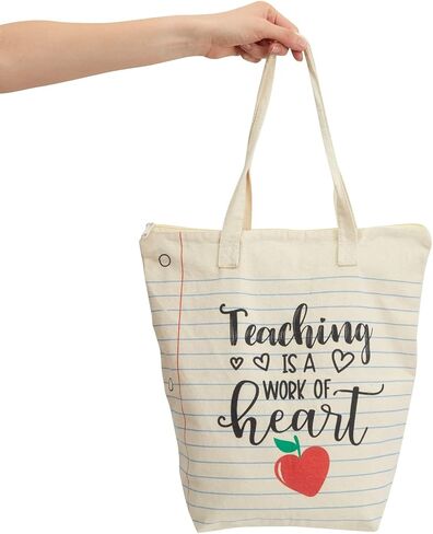 Sparkle and Bash Canvas Tote Bag - 14.5 x 15 x 6 In, Beige - Teacher Appreciation Tote Bag Teaching Is a Work of Heart Design for Teacher Supplies in Kuwait