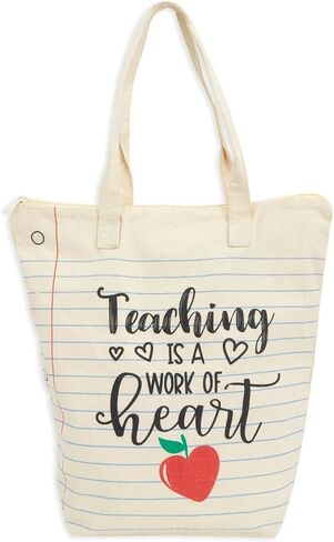 Sparkle and Bash Canvas Tote Bag - 14.5 x 15 x 6 In, Beige - Teacher Appreciation Tote Bag Teaching Is a Work of Heart Design for Teacher Supplies in Kuwait