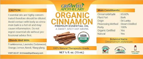 Cinnamon Essential Oil – Bark - USDA Organic -15mL - Therapeutic Grade- Diffuser Oil - 100% All Natural - with Glass Dropper, Grimweed Apothecary in Saudi Arabia