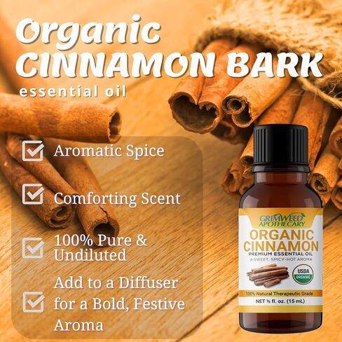 Cinnamon Essential Oil – Bark - USDA Organic -15mL - Therapeutic Grade- Diffuser Oil - 100% All Natural - with Glass Dropper, Grimweed Apothecary in Saudi Arabia