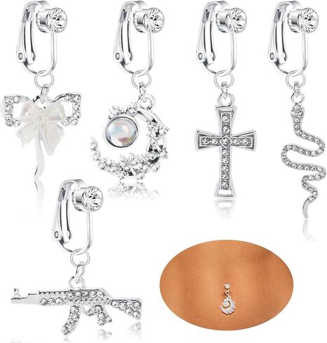 5 PCS Fake Belly Piercing for Women - Silver Fake Belly Button Piercing, Dangle Clip On Navel Ring, Faux Y2k Navel Ring Jewelry Set for Beach & Daily Glamour in Saudi Arabia