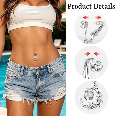 5 PCS Fake Belly Piercing for Women - Silver Fake Belly Button Piercing, Dangle Clip On Navel Ring, Faux Y2k Navel Ring Jewelry Set for Beach & Daily Glamour in Saudi Arabia