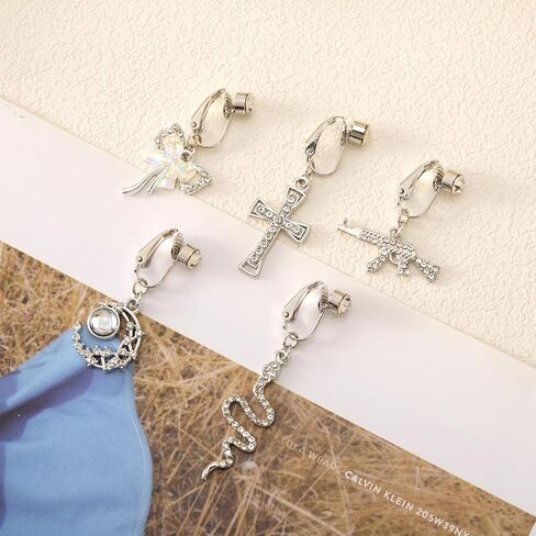 5 PCS Fake Belly Piercing for Women - Silver Fake Belly Button Piercing, Dangle Clip On Navel Ring, Faux Y2k Navel Ring Jewelry Set for Beach & Daily Glamour in Saudi Arabia