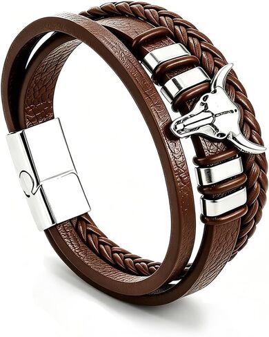 Black Multi Layer Western Leather Bracelet for Men Vintage Cowboy Braided Rope Wristband Adjustable Stainless Steel Clasp Daily Fashion Jewelry in Kuwait