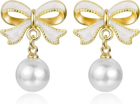Gold Plated Bow Pearl Drop Dangle Earrings for Women, Trendy Cute Elegant Bowknot Jewelry, Perfect Preppy Birthday Gift for Her | Wedding Party Daily Wear in Kuwait