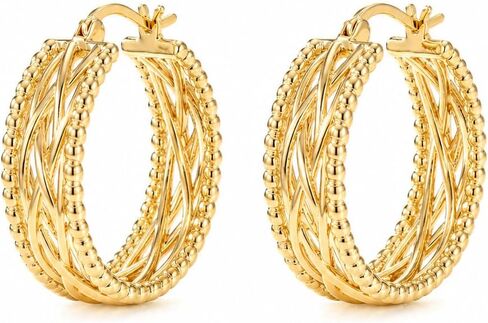 14k Yellow Gold Twisted Braided Hoop Earrings for Women, Textured Beaded Huggie Earrings, Hypoallergenic Minimalist Statement Jewelry 23.3mm*9mm in Saudi Arabia